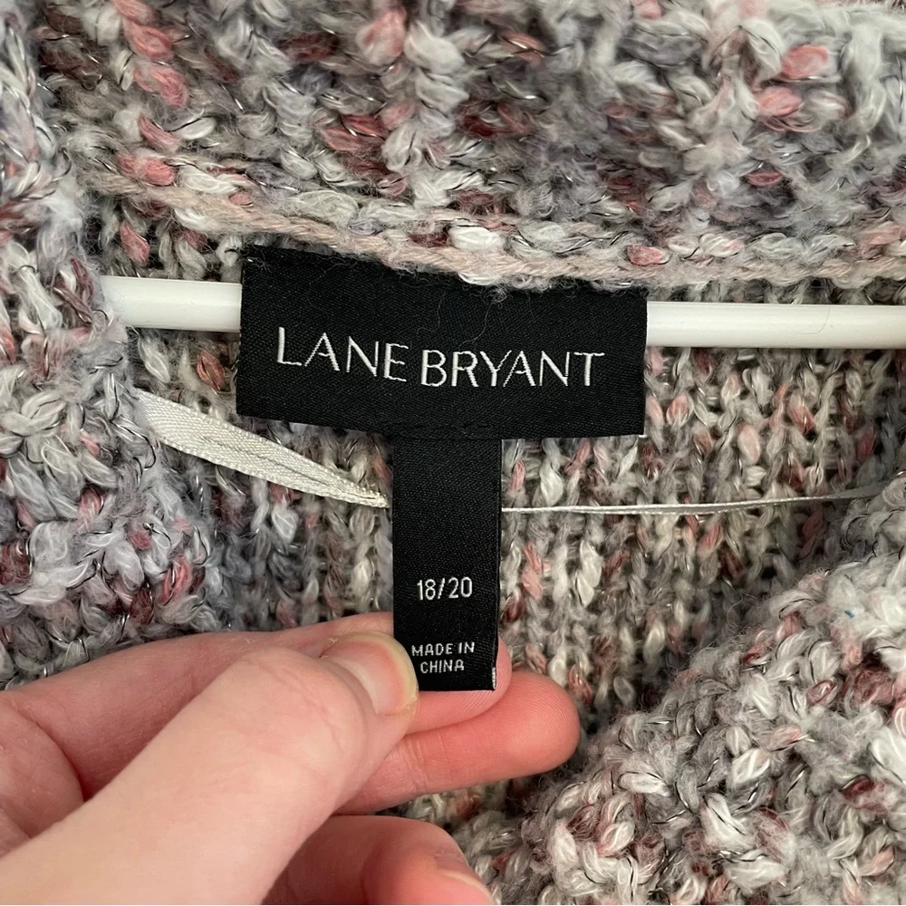 LANE BRYANT Plus Size Cowl Neck Sparkle Eyelash Sweater Gray Pink Chunky Knit 2X